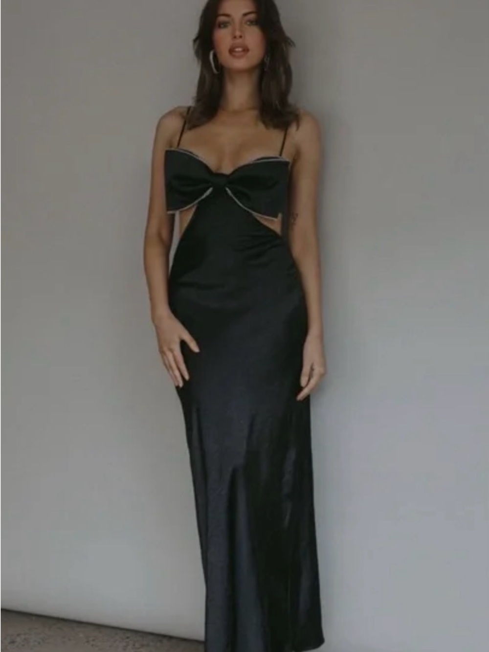 Selfie Leslie Black Satin Maxi Dress with Bow Cutout